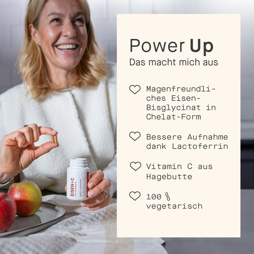 Frau Hält Eisenkapsel zwischen den Fingern, rechts werden die Vorteile des Produkts gezeigt