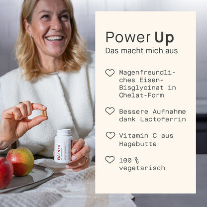 Frau Hält Eisenkapsel zwischen den Fingern, rechts werden die Vorteile des Produkts gezeigt
